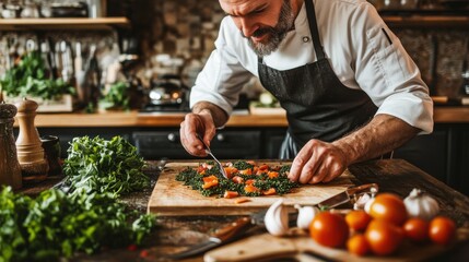 Chef in the kitchen preparing Japanese buckwheat pasta with lentils, emphasizing culinary skills