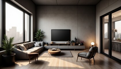 A modern living room with a large window overlooking the city
