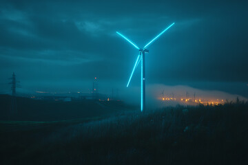  photograph of an ethereal, transparent, blue-glowing wind turbine with a glowing neon outline in a night scene: