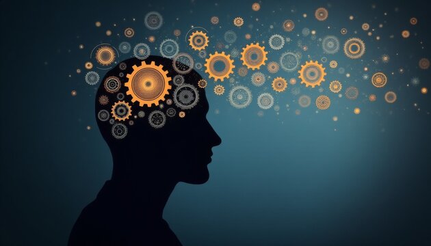 A man's head is surrounded by gears, representing the workings of the mind