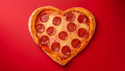 Heart shaped pepperoni pizza isolated on red background. Tasty fast food. Delicious snack.