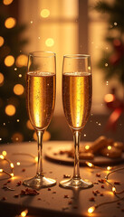 Two sparkling champagne glasses against a festive background with soft bokeh lights and a Christmas tree