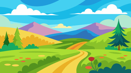 Obraz premium Nature landscape with a winding dirt road leading through rolling green hills vector illustration 