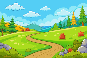 Obraz premium Nature landscape with a winding dirt road leading through rolling green hills vector illustration 