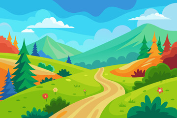 Nature landscape with a winding dirt road leading through rolling green hills vector illustration 