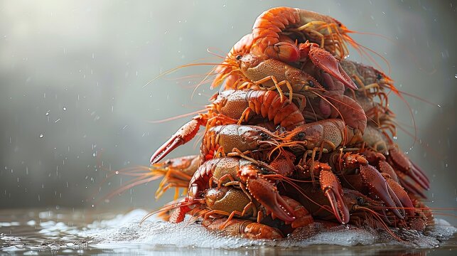 Steamed Red Crawfish Pyramid on Table Seafood Cuisine Cooking Food Freshness Delicious Gourmet, with copy space
