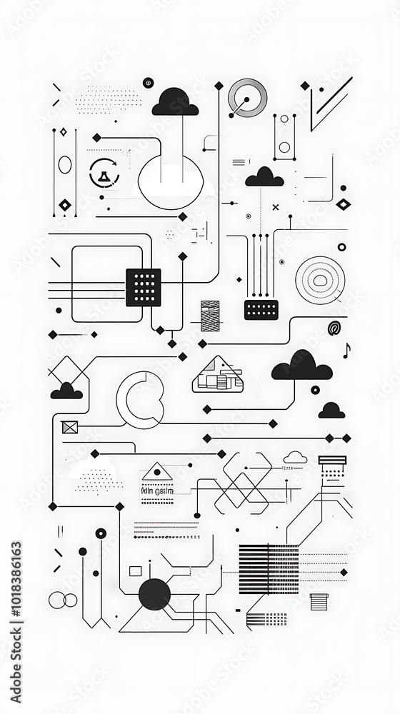 Wall mural cloud computing illustration, design a stylish black-and-white illustration of cloud computing and b