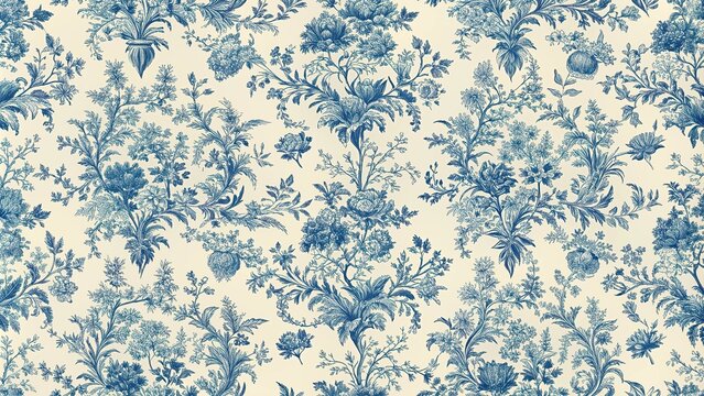 French toile inspired blue pattern on light beige background seamless pattern Extreme Close-Up