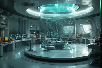 Futuristic control room with a large transparent cylinder in the center, filled with holographic data, and a circular platform with a desk and computer monitors.