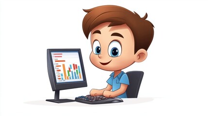 Cute data analyst cartoon character with a computer, looking at charts, isolated on white