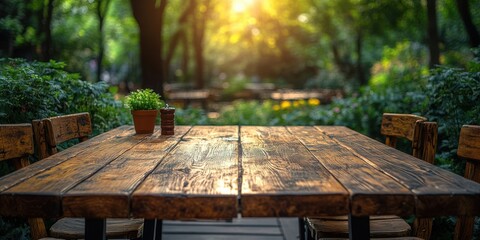 Rustic Wooden Table Setting in a Serene Garden, Capturing the Warmth of the Setting Sun, Perfect for a Cozy Meal or a Moment of Tranquility