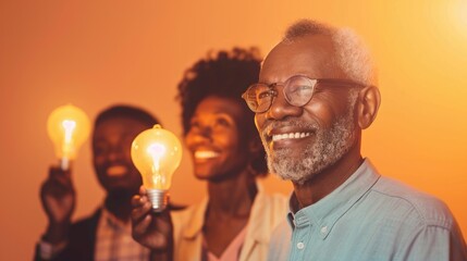 Smiling elderly man holding lightbulb surrounded by happy people in warm lighting.