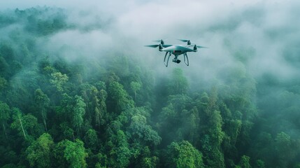 Fototapeta premium Drone flying above a dense, misty forest, capturing aerial footage.