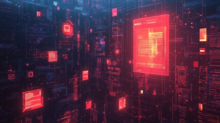 Obraz premium A digital wall of glowing red data boxes, lines and code.