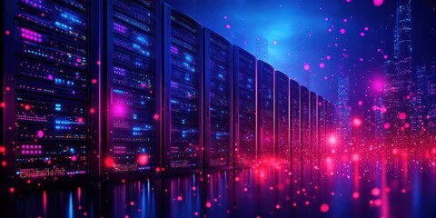 Fototapeta premium A Row of Illuminated Server Racks in a Modern Data Center with Glowing Lights and a City Skyline in the Background
