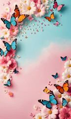 flowers and butterflies on a blue and pink background