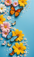 butterflies and flowers, blue background