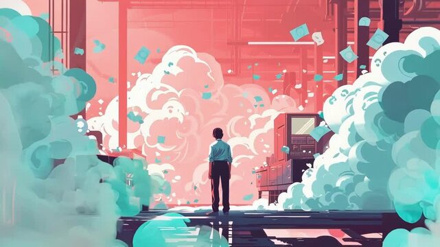 Engineer is contemplating the innovative money printing machine he has designed, now exploding in a cloud of smoke and dollar bills