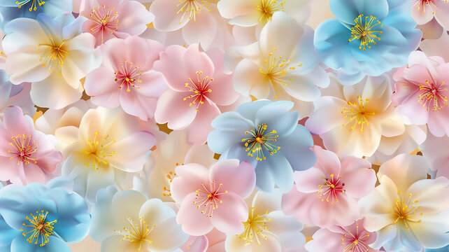 Sakura flowers in pastel pink blue yellow and white seamless pattern	