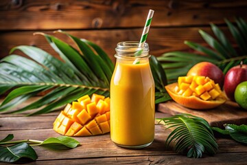 Fresh and fruity mango smoothie in glass bottle with straw against rustic background