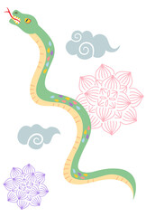 空に昇ってゆくカラフルな鱗の蛇と蓮の花の背景のベクターイラストレーション