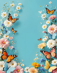 butterflies and flowers, blue background