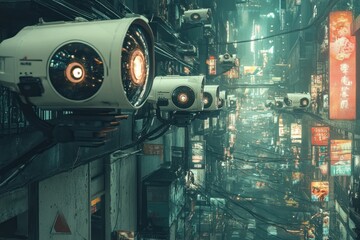 Fototapeta premium Futuristic cityscape with surveillance cameras overlooking a crowded street.