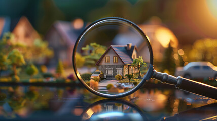 Searching for house lodging and property Focused house under magnifying glass