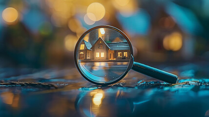 Searching for house lodging and property Focused house under magnifying glass
