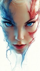 portrait of a woman on a white background, red and blue paints on her face, illustration, wallpaper