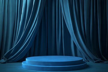 3D Blue Podium with Curtain and Spotlight for Award Ceremony. AI generated illustration