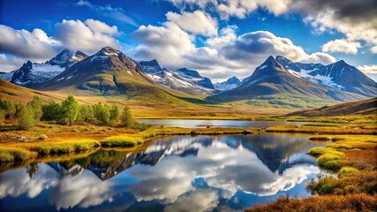 Northern nature landscape with towering mountains in low angle view