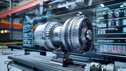 Jet engine is being analyzed by sophisticated engineering software displayed on a transparent digital screen in a modern factory