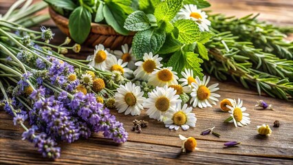 Fresh assortment of herbs like chamomile and lavender