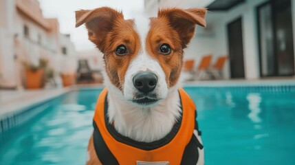 Dog rescuer in a life jacket near a swimming pool, showcasing safety and care for pets