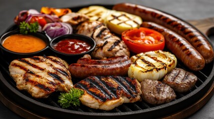 A vibrant platter of grilled meats with colorful vegetables, ideal for a summer barbecue or culinary presentation.