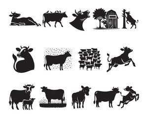 Fototapeta premium Set of Cows Vector illustration, Cattle Silhouette Design, Cow farm Activities Graphic