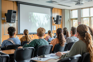 Fototapeta premium Students working on a group presentation using a projector in the classroom, taking notes during the lecture, focusing on academic knowledge.