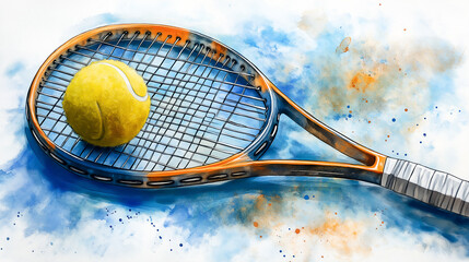 Watercolour Illustration of Tennis Ball resting on tennis Racket, with orange frame and dynamic blue and orange splashes in background, creating an artistic and vibrant composition. Selective Focus.