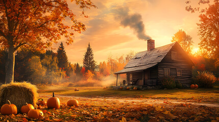 Charming Autumn Scene with Cozy Cabin, Pumpkins, and Vibrant Sunset