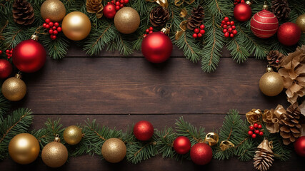 Festive Christmas decorations with pine branches, red and gold ornaments on rustic wooden table.