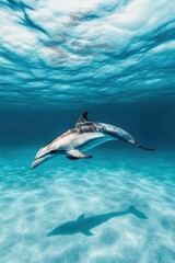 Obraz premium A graceful dolphin gliding through crystal-clear waters, showcasing its sleek body and playful nature, surrounded by shimmering sunlight.