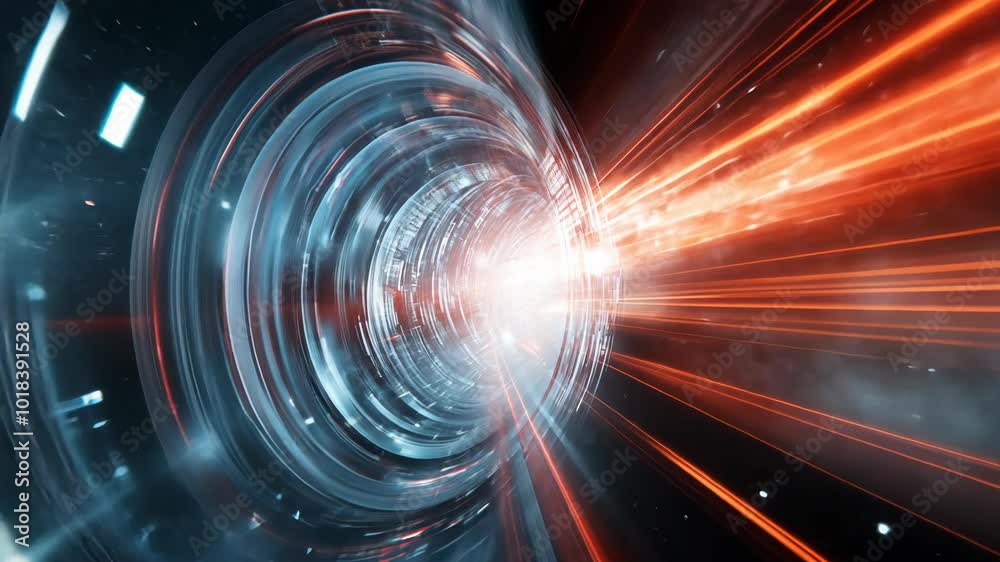 Poster high-speed journey through digital tunnel, visualizing data streams and cyber connections for sci-fi