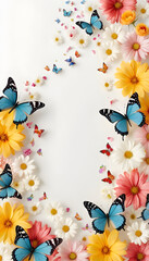 colorful flowers and butterflies on a white background