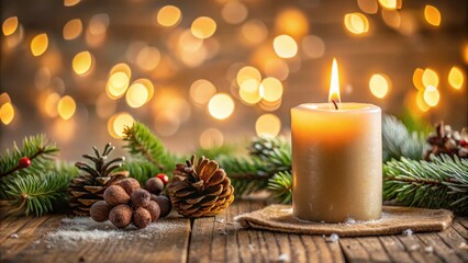 A warm candle flame glows brightly, casting a soft light upon a rustic wooden table adorned with evergreen branches and pine cones, surrounded by a shimmering backdrop of out-of-focus golden lights.