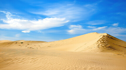A peaceful desert scene with rolling sand dunes and a wide, empty sky providing ample copy space