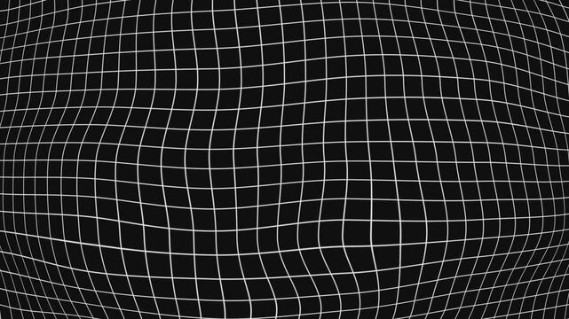 Abstract deformed white grid frame 3D digital backdrop on black background