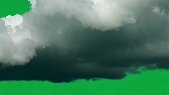 Large, dark cloud is forming on a green screen background. The cloud is growing larger and darker as it moves across the screen