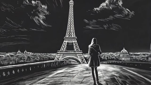 A woman stands on a bridge in Paris at night, looking at the Eiffel Tower