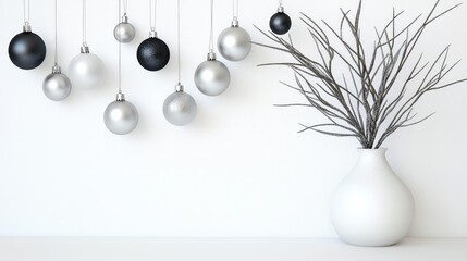 A stylish, minimalist design showcases a vase filled with Christmas tree branches and hanging ornaments, set against a bright white background with ample space for text